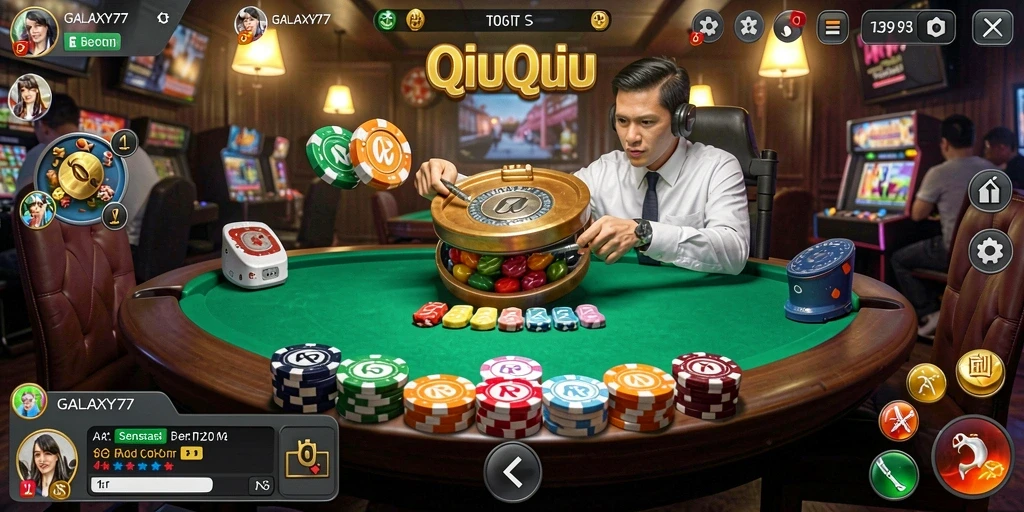 Screenshot gameplay QiuQiu GALAXY77 yang menampilkan kartu dan meja permainan.