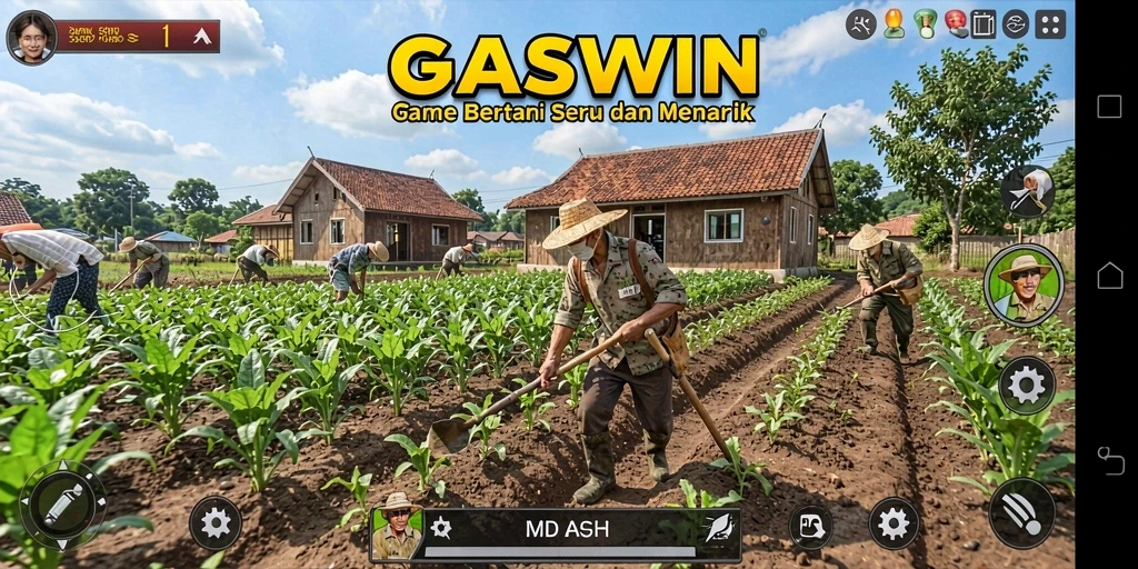 Tampilan gameplay GASWIN saat mengelola ladang pertanian.
