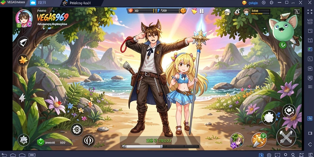 Screenshot utama gameplay dari VEGAS969 yang menunjukkan pertarungan karakter Anime.
